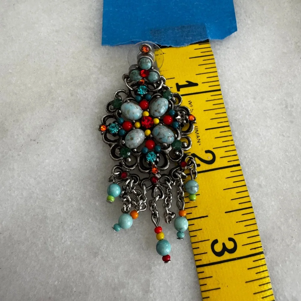Boho Faux Turquoise Multi-Color Rhinestone Bracelet & Chandelier Earring Set